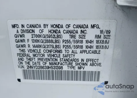 2009 Acura Mdx Technology Package from USA, damaged, VIN 2HNYD28639H531398